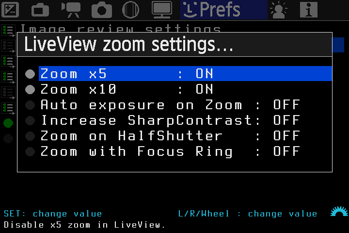 LiveView zoom settings